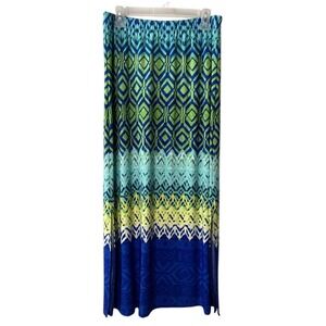 Chico's Maxi Skirt Blue Green Geometric Boho Print Elastic Waist Slit Size 1 Med